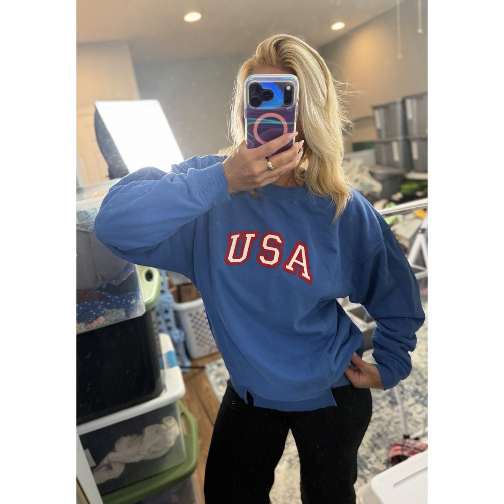 joy lab womens french terry USA Blue Crewnext Relaxed Fit Size Small 4th Of July - Picture 3 of 16